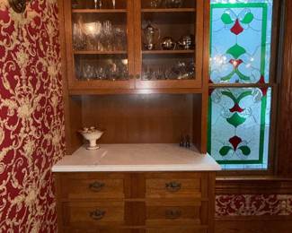 Antique Oak China Cabinet with Marble Top and Stained Glass Window