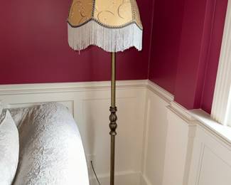 Antique Brass Floor Lamp with Floral Shade and Tassels