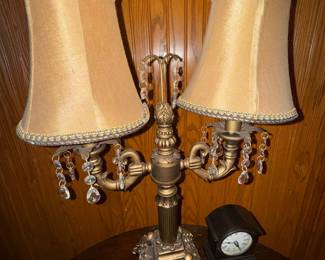 Ornate Double-Light Table Lamp with Crystal Accents and Acanthus Leaf Motifs