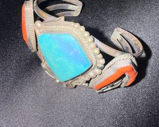 Native American Sterling Silver and Turquoise Cuff Bracelet with Coral Accents