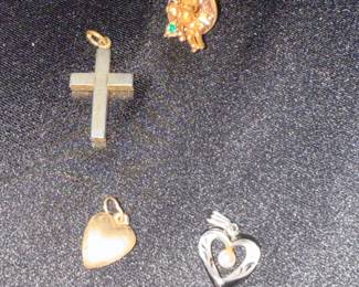 Assorted Pendants: Gold Cross, Gold Heart, Silver Heart with Pearl, and Gold Cherub