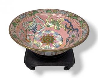32 VintageMacauHandPaintedPinkFloralBowlwStand