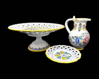 151 ModraHandPaintedPotterySetwPiercedCompotePitcherPlate