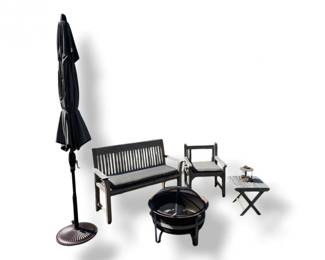 65 OutdoorPatioSetWoodBenchChairUmbrellaFirePitSideTable