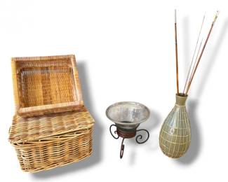 111 AssortedHomeDecorWickerBasketsGreenVaseGlassBowlwStand