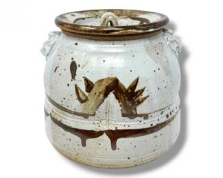 155 StudioPotteryLiddedStonewareJarwEarthToneDripGlaze