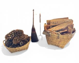 57 FirewoodPineconeSetWickerBasketsKindlingHearthTools