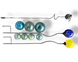 77 GardenGlassFloatStakesBlueGreenGlassOrbs