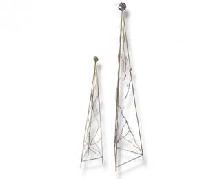 167 TwoMetalYardArtSculptureswOpenFrameDesignOrbFinials