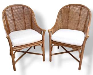 89 PairWovenCaneBackWoodAccentChairswCushions