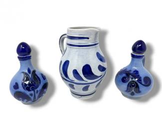 153 WestGermanPotteryPitcherTwoCobaltBlueHandarbeitCruetBottles