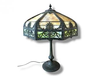 14 VintageSlagGlassPanelTableLampwCastMetalBase