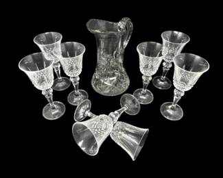 143 CutCrystalPitcher8StemmedGlassesSetStarburstPattern
