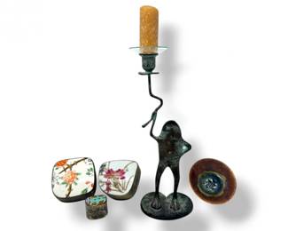 27 VintageFrogCandleHolderwTrinketBoxesDishPorcelain