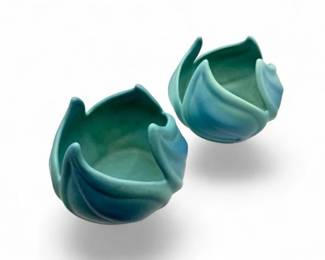 4 VanBrigglePotteryLotusLeafTulipBowlsinTurquoiseMatteGlaze