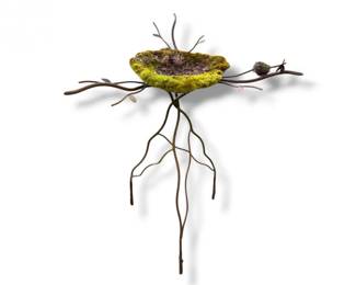 169 RusticMetalBirdbathGardenSculpturewNestTop