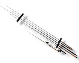 162 VintageModernAssortedFishingPolesInWallMountedRack