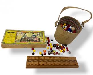 30 VintageMahjongBoneTileSetCribbageBoardVintageMarblesBasket
