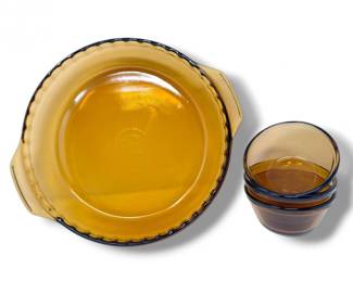 157 VintageAnchorHockingAmberGlassPiePlate3CustardCupsRamekins