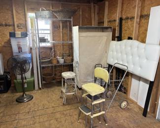 Wicker baskets, stools, garment storage, headboard