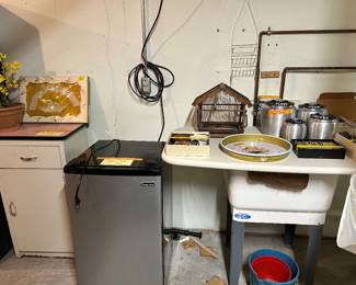 Mini fridge, vintage cabinets & canister set