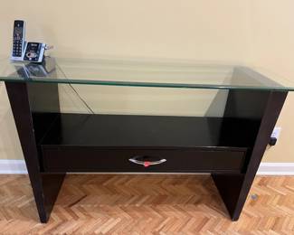 Cutest Console table and 2 matching side tables, black with silver tones, glass tops!  Furnish your student's apartment, your game room or den!