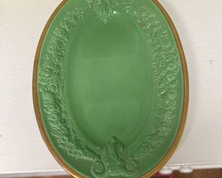 Vintage green Majolica serving dish with ram head...beautiful!