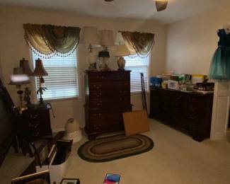 Dixie Chippendale-style bedroom suite:  4-poster bed, side table, high boy dresser, double bureau with mirror