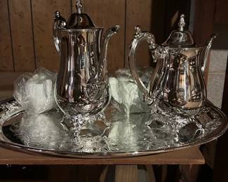 Tea for Two:  Silver plated tea service platter, pots, creamer, and sugar