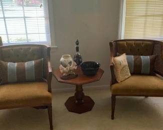 MCM Caned barrel back upholstered chair and hexagonal solid wood side table