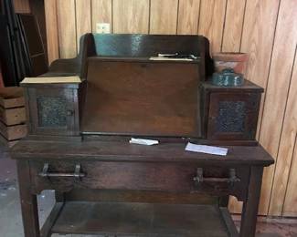 Vintage solid wood drop-front secretary desk with hutch