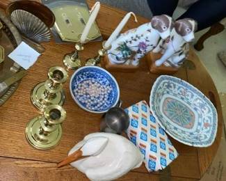 Vintage Baldwin Brass candleholders, brass trinket boxes, brass seashell bookends  