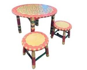 Whimsical Painted Round Play Table Set with 2 Stools - 22x32 in
