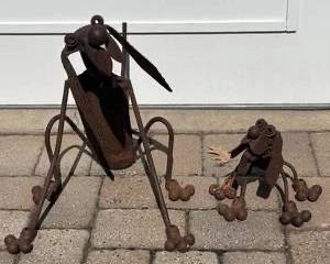 Two Patina Metal Dog Yard Sculptures by Yard Birds