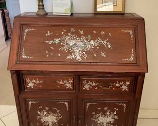 Antique secretary desk w/ delicate floral inlay (L41 1/2” W 35 1/2” D 17”)