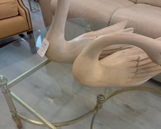 Pair wooden swans brass beaks $150