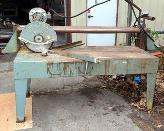 Holman Industrial Radial Arm Saw On Heavy Duty Frame And Table, 3-Phase, Approx 90" x 45" x 73", Powers On