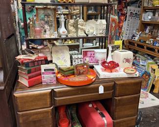 vintage desk, luggage, collectibles, books, figurines