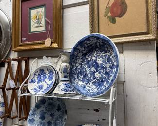 framed art, blue and white bowls, plates