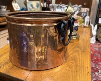 vintage copper pot with metal handles, vintage large decorative brass candlestick