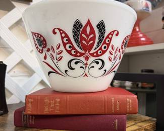 collectible large tulip bowl, vintage books, vintage sailboat themed oil lamp