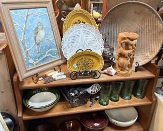 framed bird art, green glassware, platters