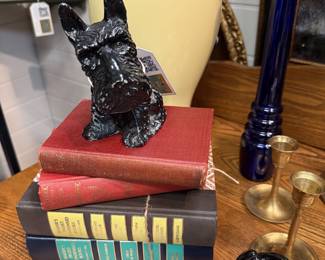 vintage books, scottie dog collection, cobalt blue glass vase