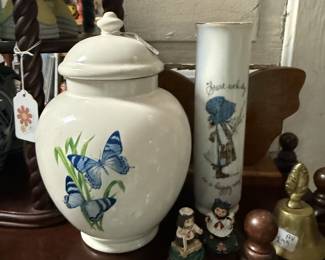 ceramic ginger jar with butterfly motif, Holly Hobby, figurines, brass bell