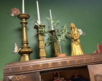 vintage candlesticks, figurine, armoire