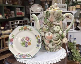 Vintage Lefton "Fruits of Italy" ceramic teapot, vintage plate with floral detail