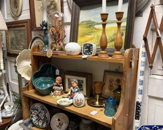 figurines, wooden candlesticks, vintage mug hanger, lamp, pottery, decorative pieces