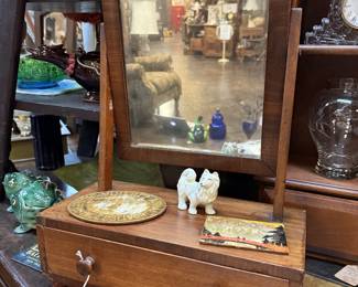 small table top vanity with mirror and drawer, dog figurine