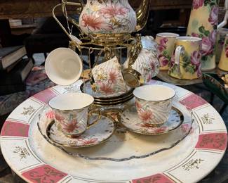 Vintage ceramic tea set with pink floral pattern 6 cups and saucers, teapot & stand