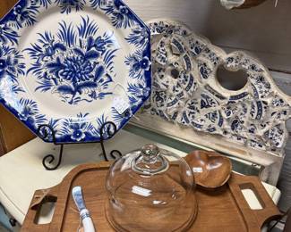 blue and white plate, cheese board with cloche, cheese knife